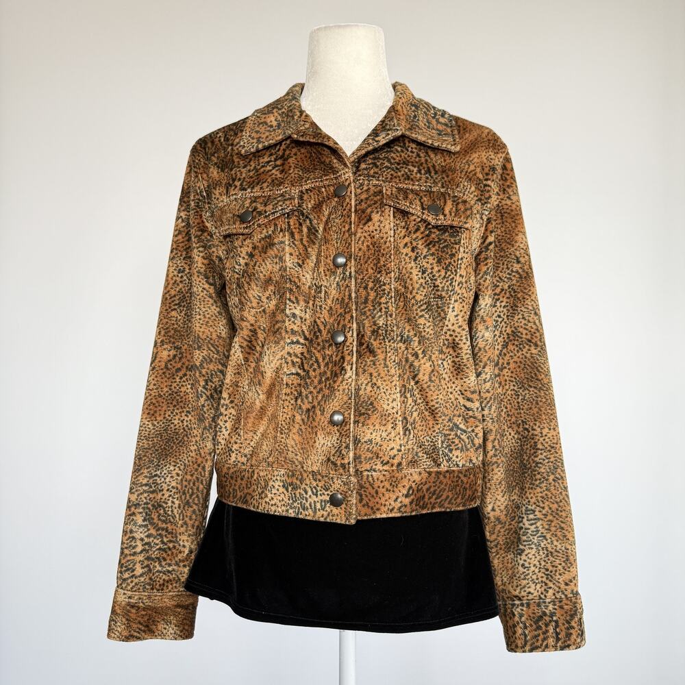 Jones New York Jacket Womens 8 Brown Leopard Faux Fur Velour Snap Front Lined